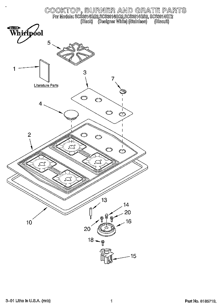 COOKTOP, BURNER AND GRATE Diagram and Parts List for SCS3614GS2  Whirlpool Cooktop