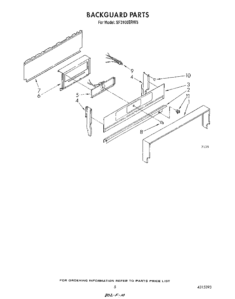 BACKGUARD Diagram and Parts List for SF3100ERW5  Whirlpool Range