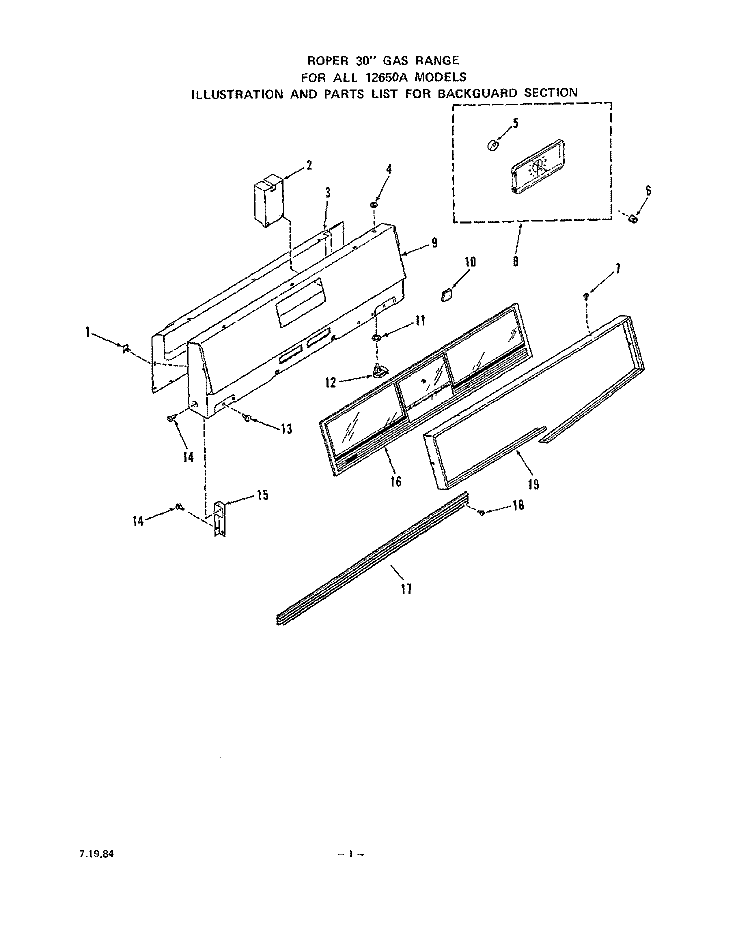 BACKGUARD Diagram and Parts List for 1265W0A  Roper Range