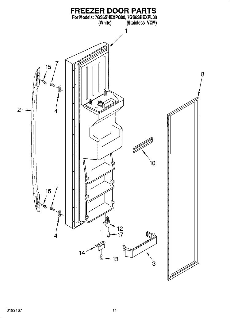FREEZER DOOR PARTS Diagram and Parts List for 7GS6SHEXPQ00  Whirlpool Refrigerator