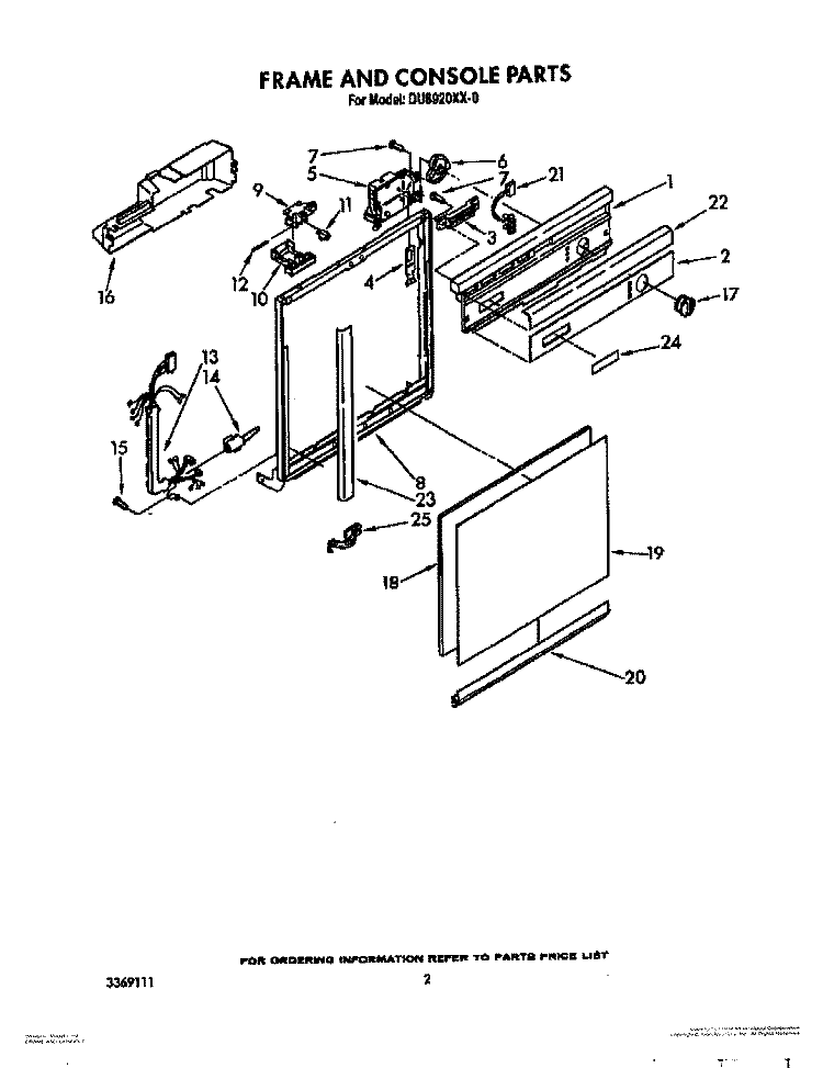FRAME AND CONSOLE Diagram and Parts List for DU8920XX0  Whirlpool Dishwasher