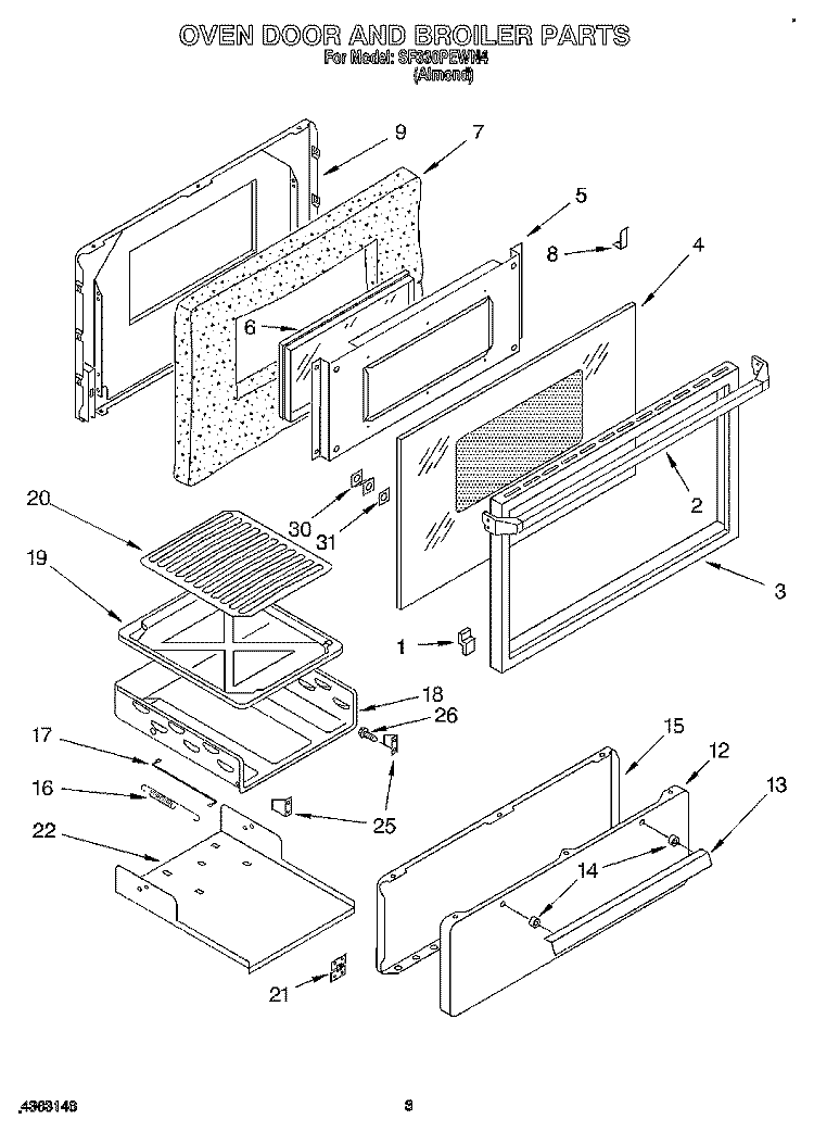 OVEN DOOR AND BROILER Diagram and Parts List for SF330PEWN4  Whirlpool Range
