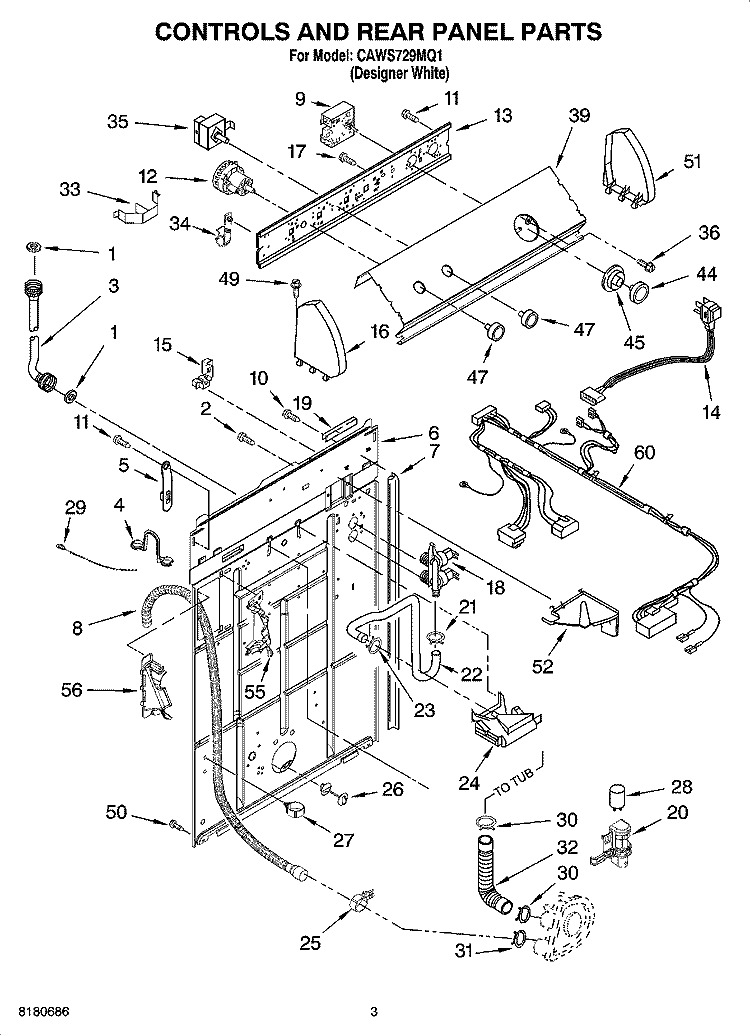 CONTROL AND REAR PANEL PARTS Diagram and Parts List for CAWS729MQ1  Crosley Washer