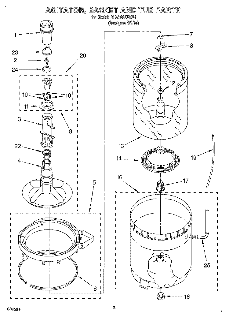 AGITATOR, BASKET AND TUB Diagram and Parts List for 3LSC8255EQ1  Whirlpool Washer
