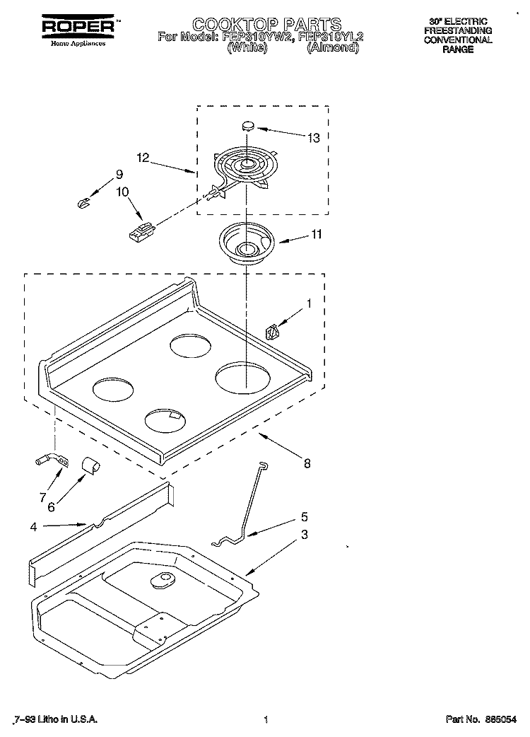 COOKTOP, LITERATURE Diagram and Parts List for FEP310YL2  Whirlpool Range
