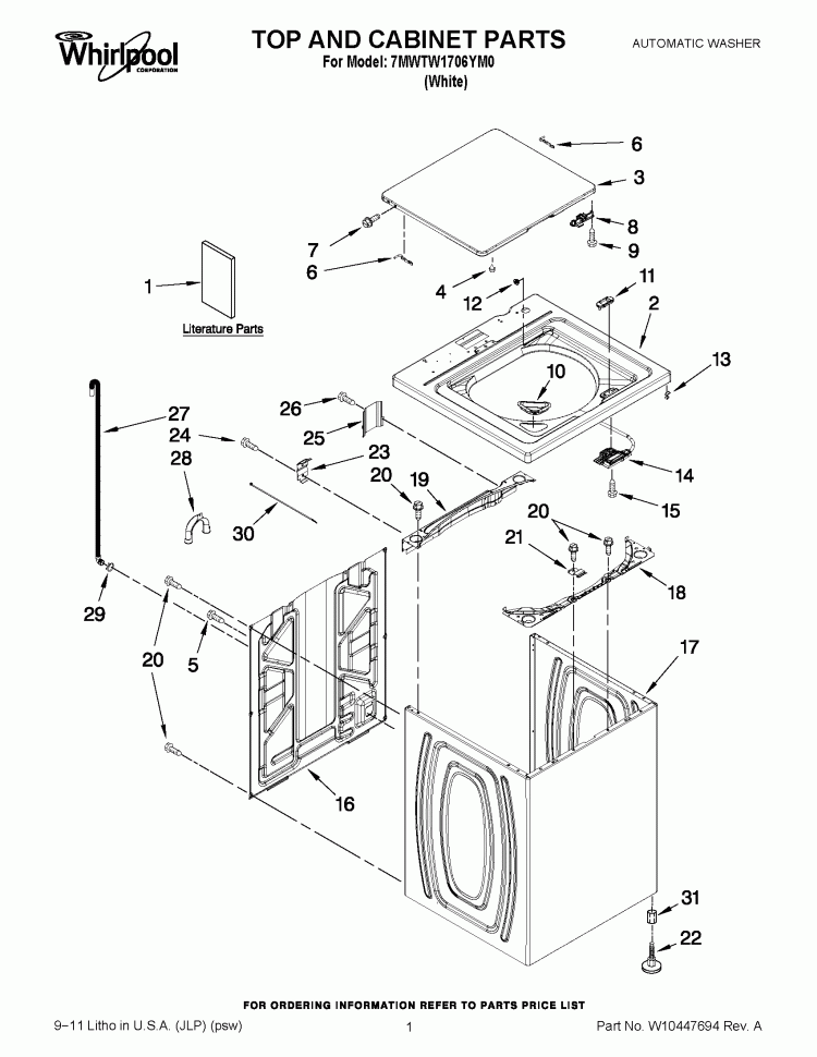 TOP AND CABINET PARTS Diagram and Parts List for 7MWTW1706YM0  Whirlpool Washer