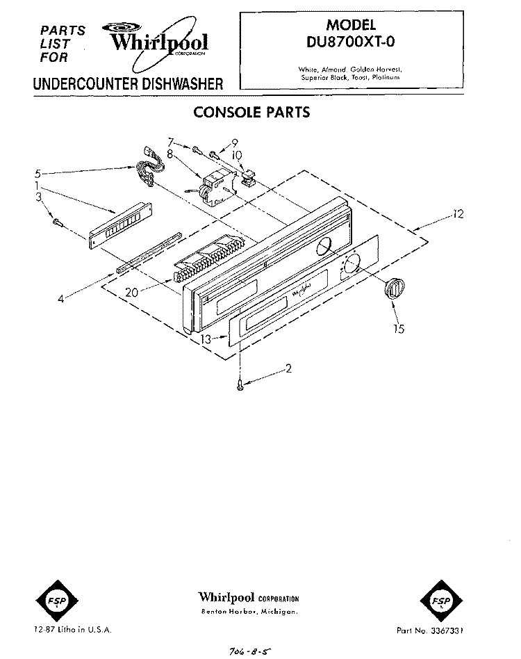 CONSOLE Diagram and Parts List for DU8700XT0  Whirlpool Dishwasher