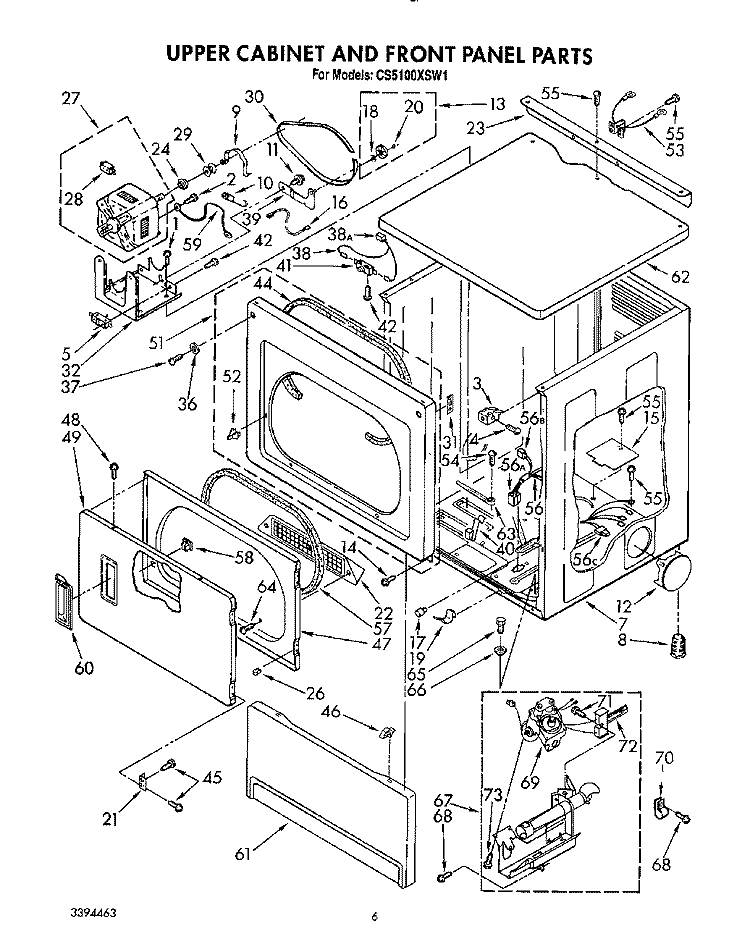 UPPER CABINET AND FRONT PANEL Diagram and Parts List for CS5100XSW1  Whirlpool Dryer