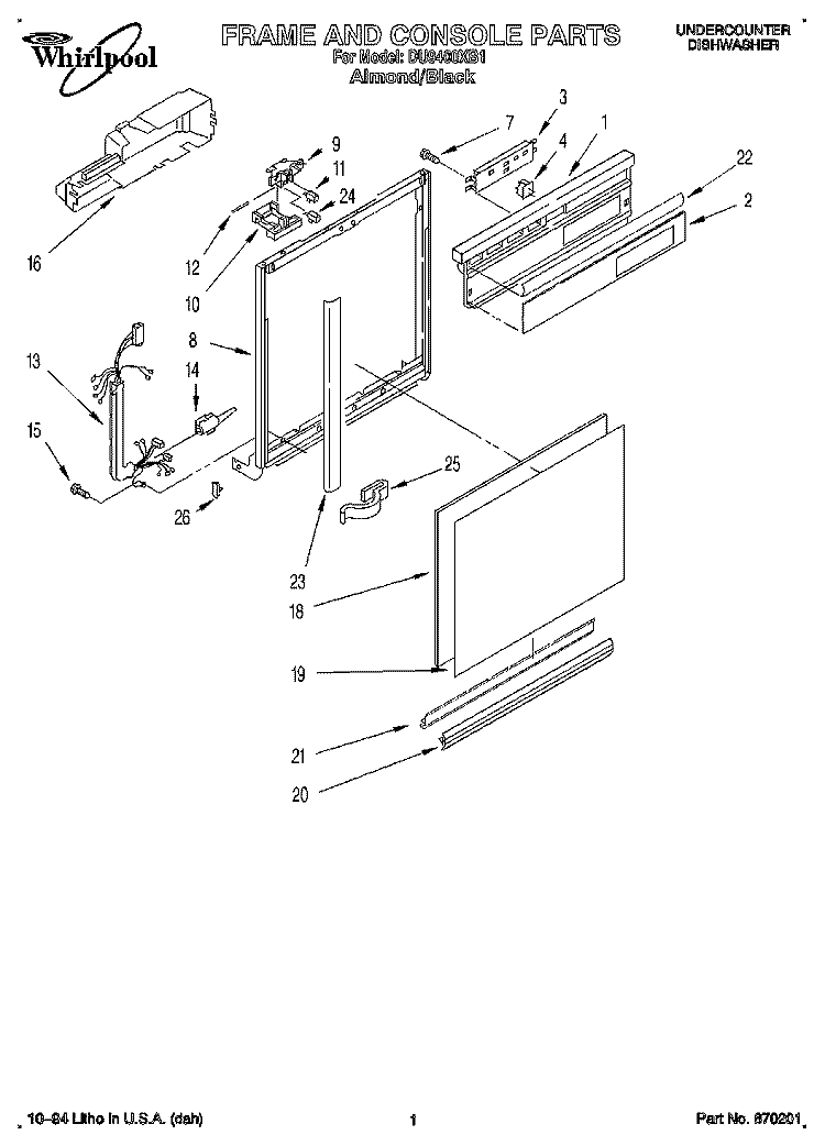 FRAME AND CONSOLE Diagram and Parts List for DU9400XB1  Whirlpool Dishwasher