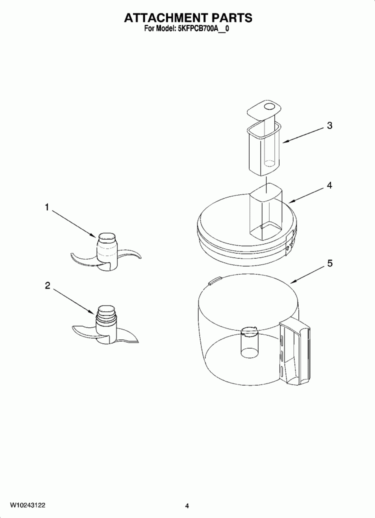 ATTACHMENT PARTS Diagram and Parts List for 5KFPCB700AWH0  KitchenAid Food Processor