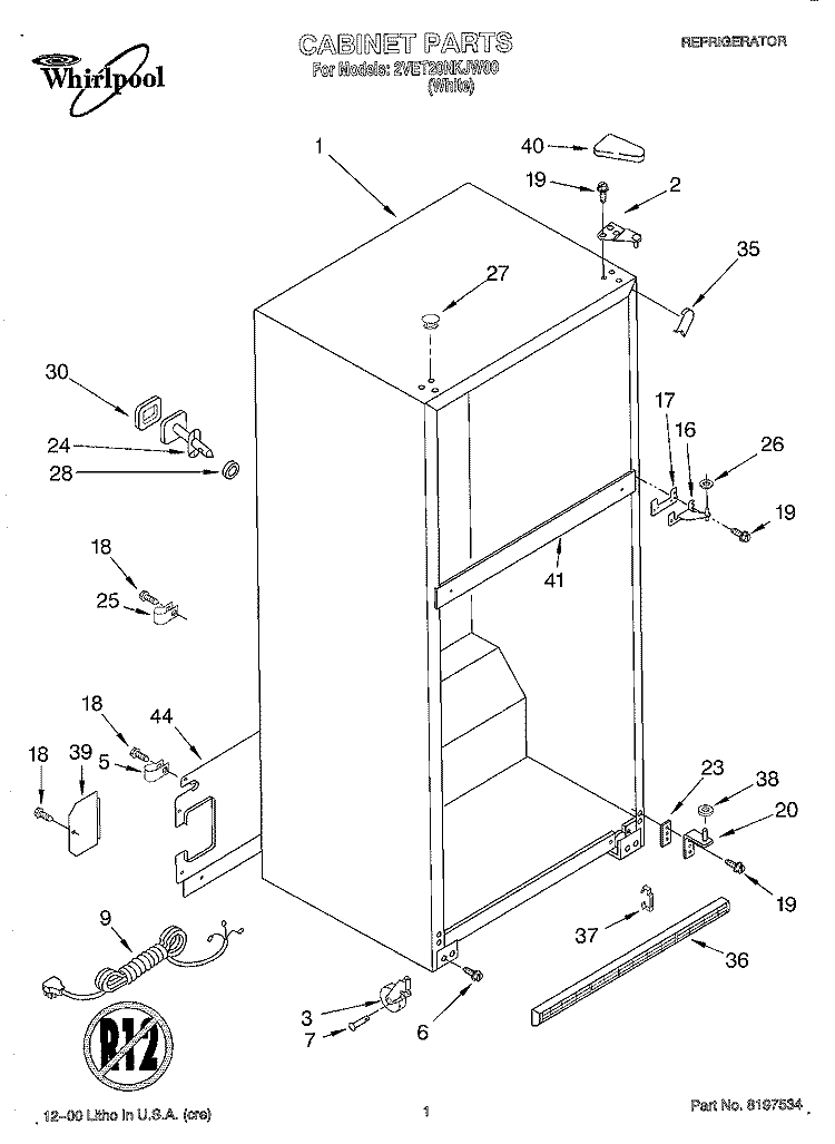 CABINET Diagram and Parts List for 2VET20NKJW00  Whirlpool Refrigerator