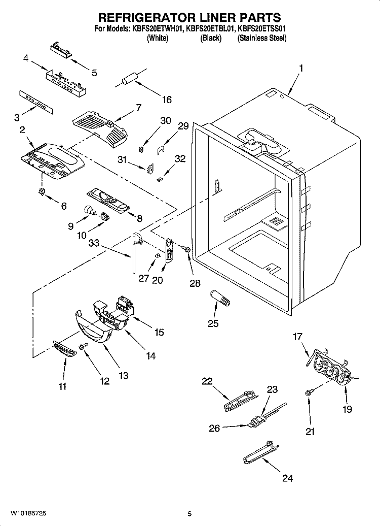 REFRIGERATOR LINER PARTS Diagram and Parts List for KBFS20ETWH01  KitchenAid Refrigerator