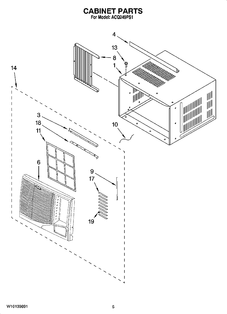 CABINET PARTS Diagram and Parts List for ACQ249PS1  Whirlpool Air Conditioner