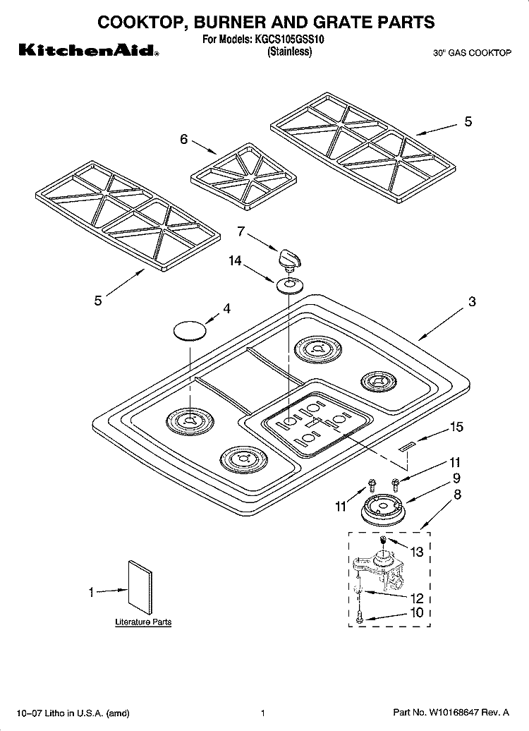 COOKTOP, BURNER AND GRATE PARTS Diagram and Parts List for KGCS105GSS10  KitchenAid Cooktop