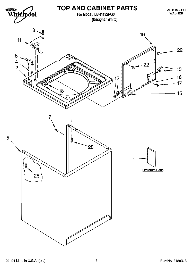 TOP AND CABINET PARTS Diagram and Parts List for LBR4132PQ0  Whirlpool Washer