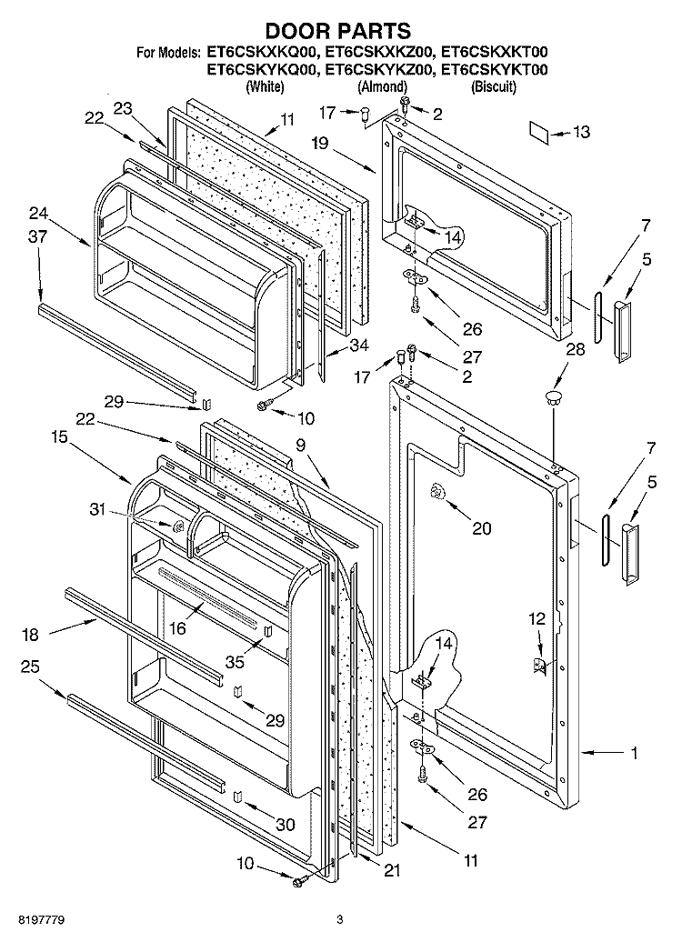 DOOR Diagram and Parts List for ET6CSKXKT00  Whirlpool Refrigerator