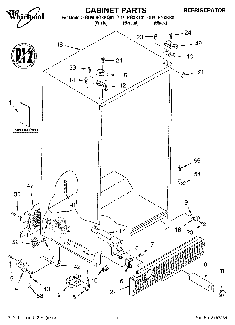 CABINET, LITERATURE Diagram and Parts List for GD5LHGXKB01  Whirlpool Refrigerator