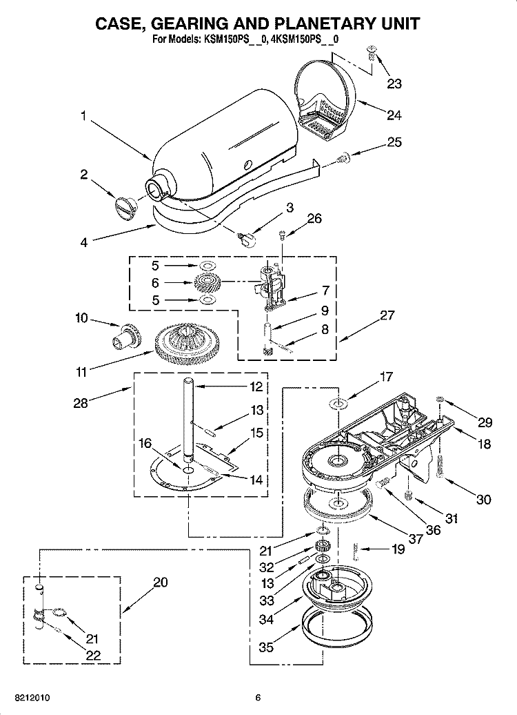 CASE, GEARING AND PLANETARY UNIT Diagram and Parts List for 4KSM150PSGR0  KitchenAid Mixer