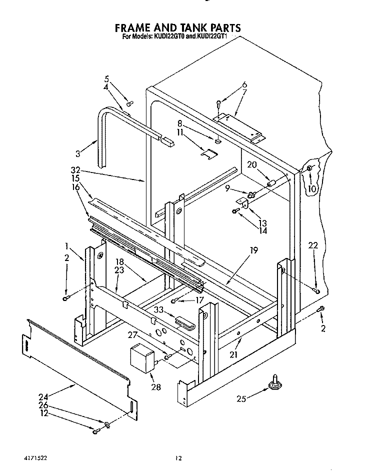 FRAME AND TANK Diagram and Parts List for KUDI22GT0  KitchenAid Dishwasher