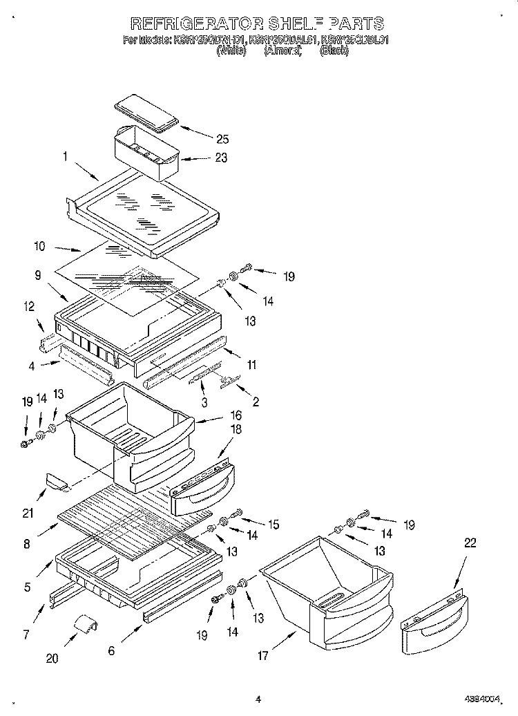 REFRIGERATOR SHELF Diagram and Parts List for KSRP25QDWH01  KitchenAid Refrigerator