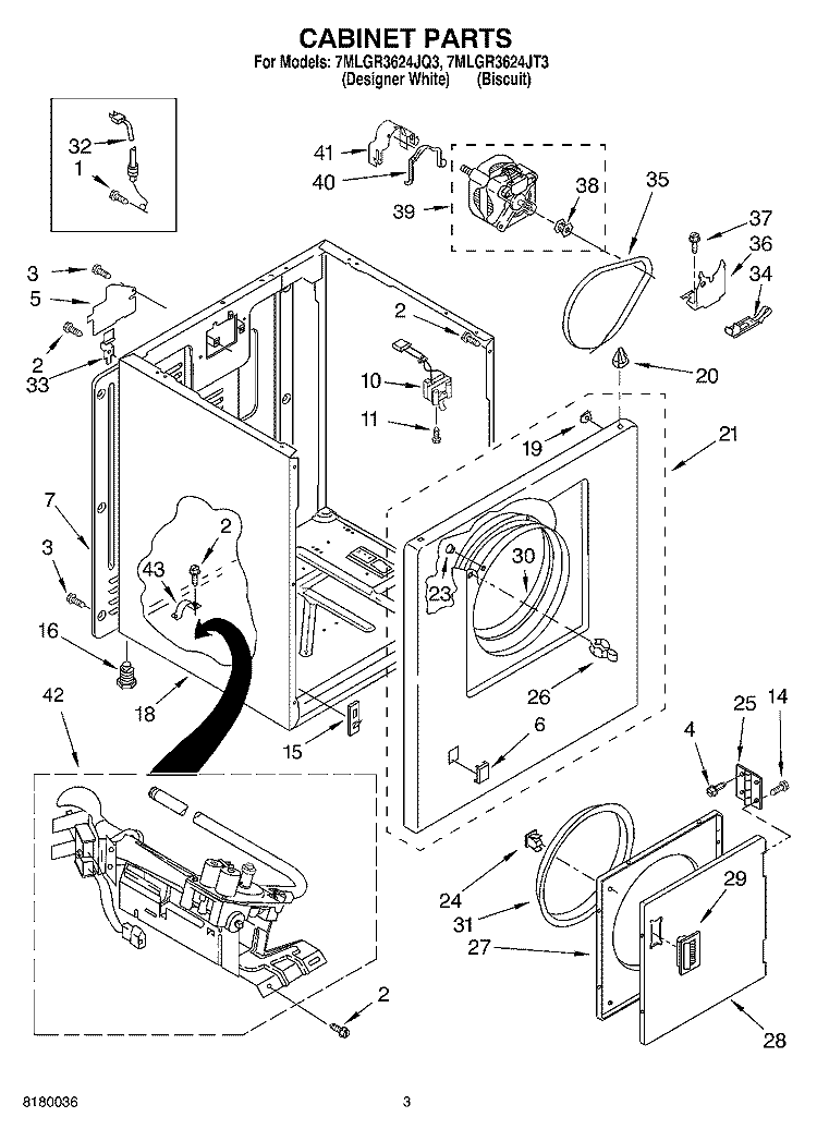 CABINET PARTS Diagram and Parts List for 7MLGR3624JT3  Whirlpool Dryer