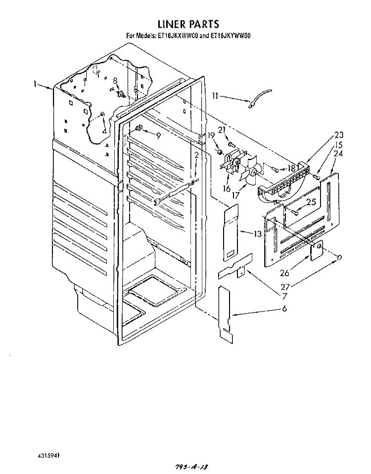 LINER Diagram and Parts List for ET16JKXWG00  Whirlpool Refrigerator