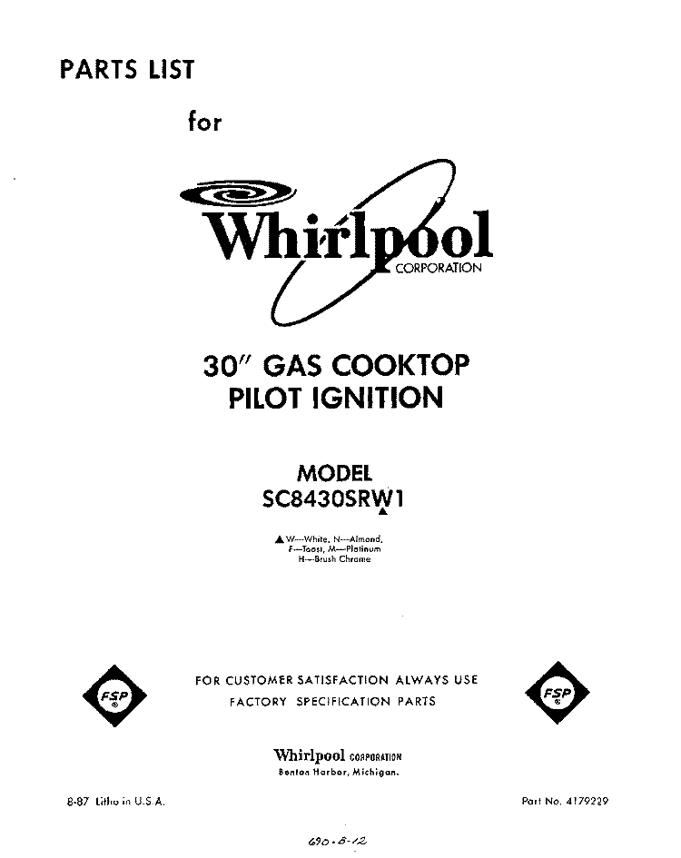 SECTION Diagram and Parts List for SC8430SRW1  Whirlpool Cooktop