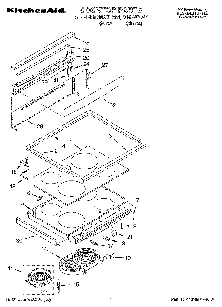 COOKTOP Diagram and Parts List for KERC607EWH1  KitchenAid Range