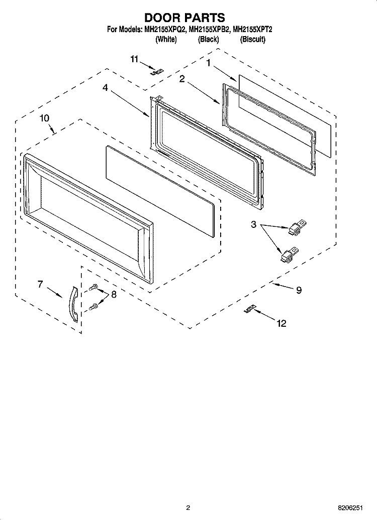 DOOR PARTS Diagram and Parts List for MH2155XPB2  Whirlpool Microwave
