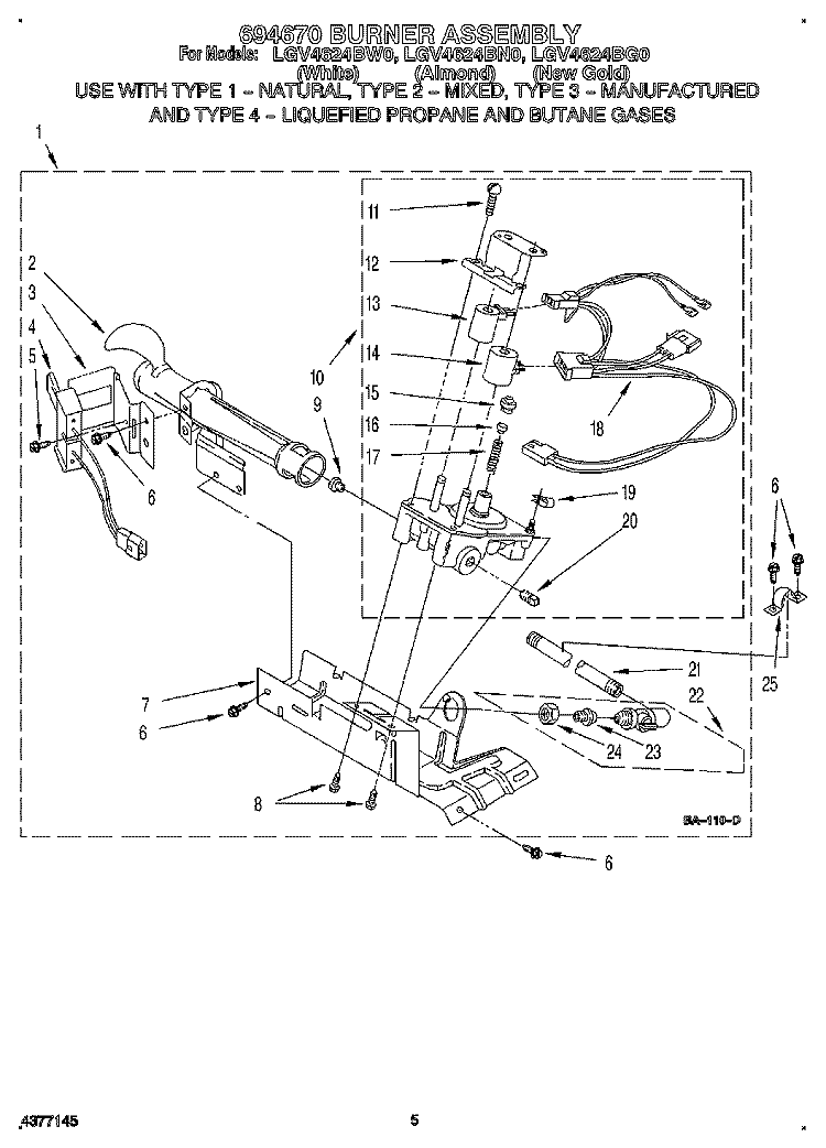 694670 BURNER ASSEMBLY Diagram and Parts List for LGV4624BG0  Whirlpool Dryer