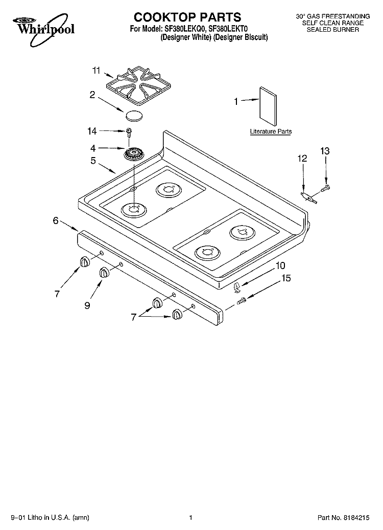 COOKTOP, LITERATURE Diagram and Parts List for SF380LEKQ0  Whirlpool Range