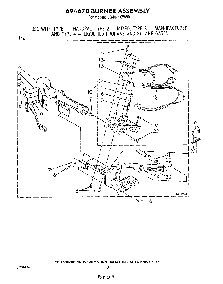 694670 BURNER Diagram and Parts List for LG4441XWW0  Whirlpool Dryer