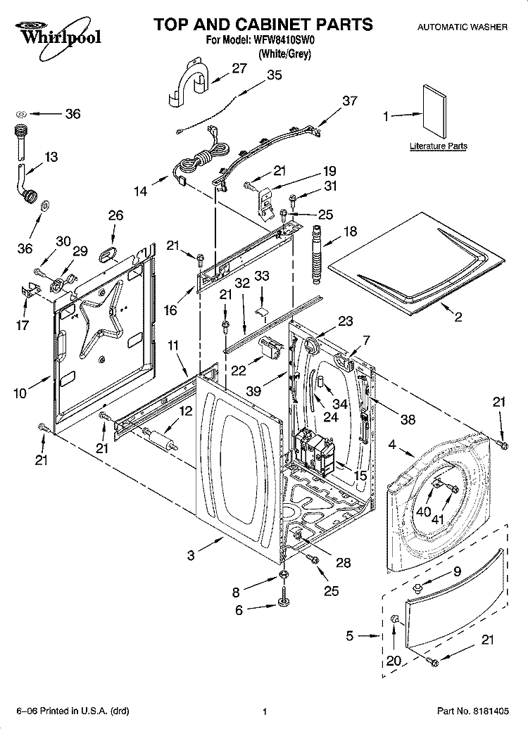 TOP AND CABINET PARTS Diagram and Parts List for WFW8410SW0  Whirlpool Washer