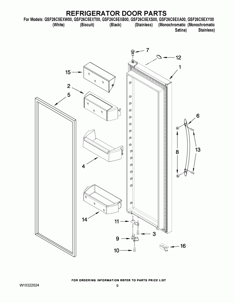 REFRIGERATOR DOOR PARTS Diagram and Parts List for GSF26C5EXA00  Whirlpool Refrigerator