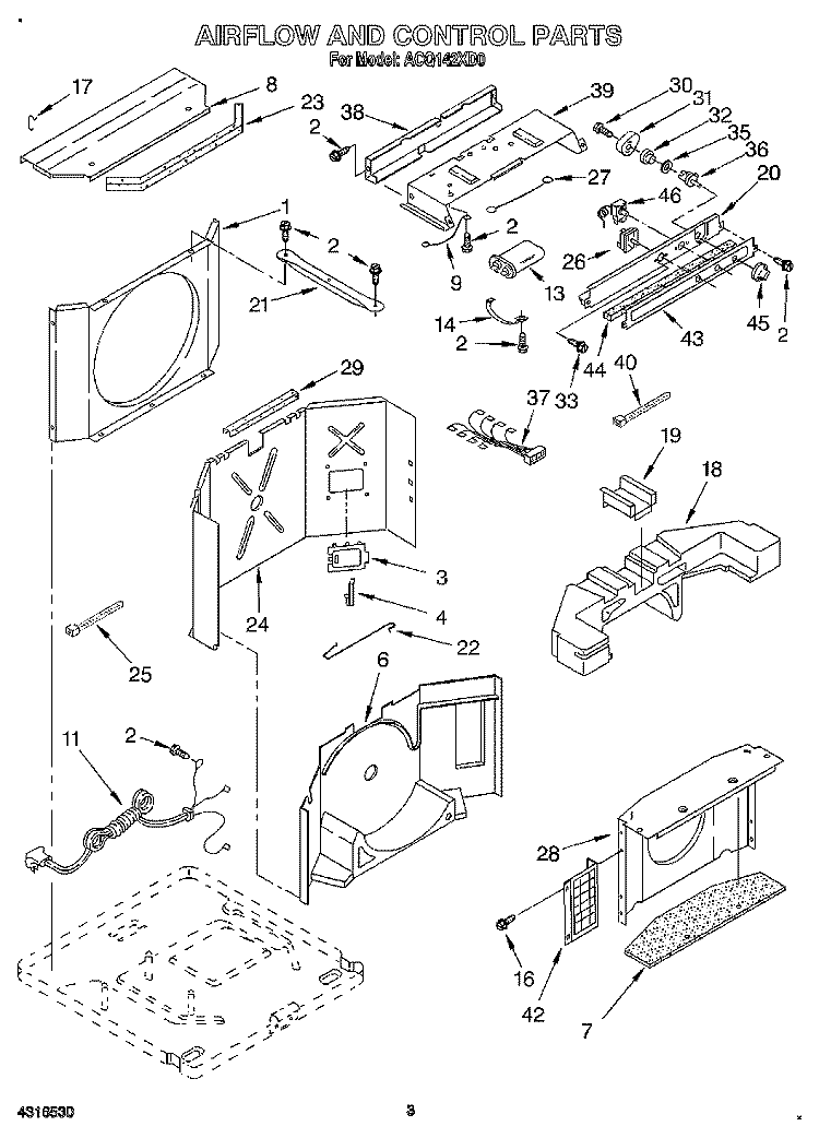 AIRFLOW AND CONTROL Diagram and Parts List for ACQ142XD0  Whirlpool Air Conditioner