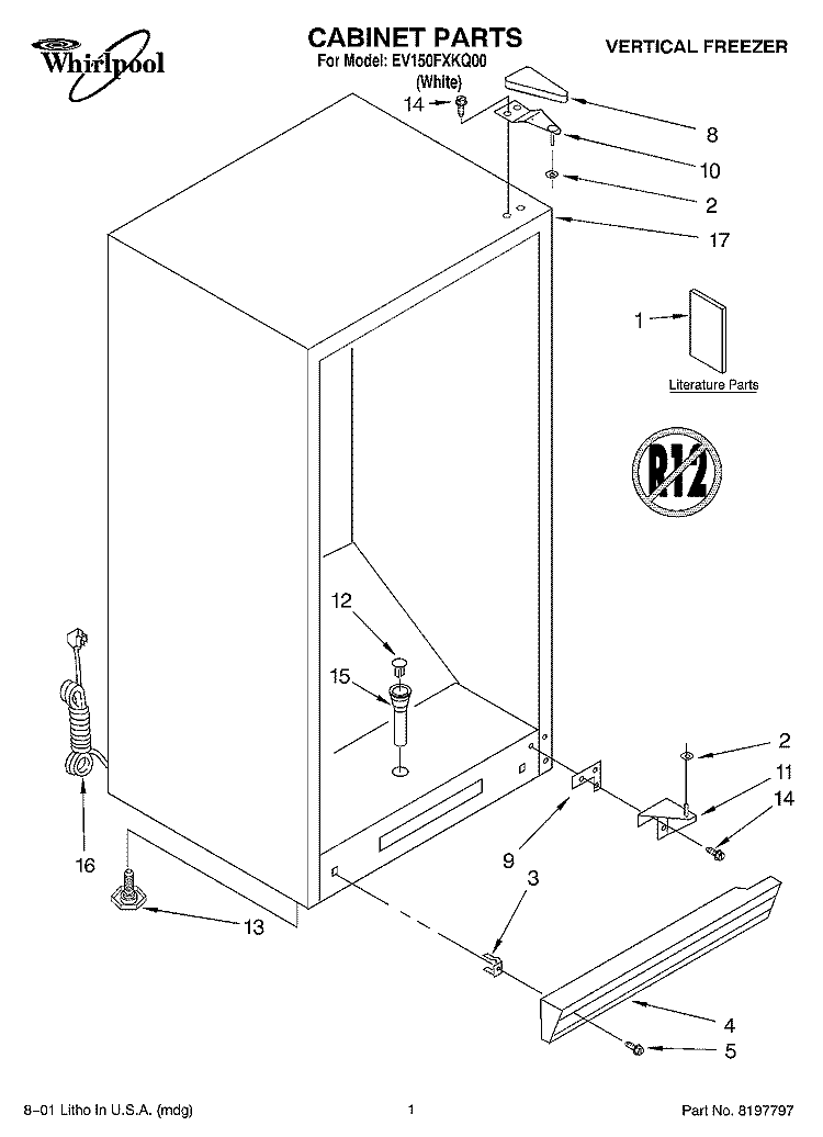 CABINET, LITERATURE Diagram and Parts List for EV150FXKQ00  Whirlpool Freezer