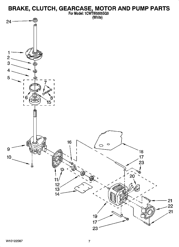 BRAKE, CLUTCH, GEARCASE, MOTOR AND PUMP PARTS Diagram and Parts List for 1CWTW5505SQ0  Whirlpool Washer