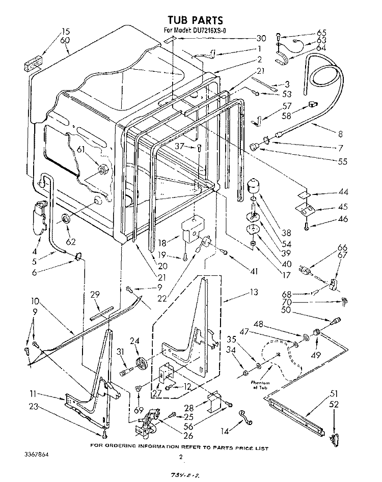 TUB , LIT/OPTIONAL Diagram and Parts List for DU7216XS0  Whirlpool Dishwasher