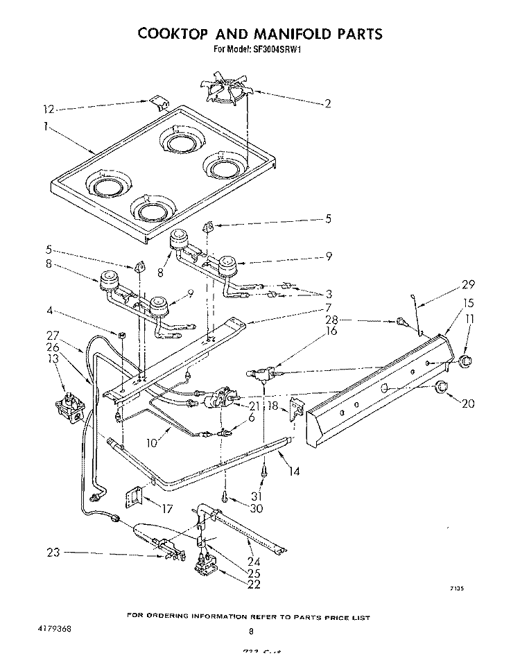 COOKTOP AND MANIFOLD , LITERATURE AND OPTIONAL Diagram and Parts List for SF3004SRW1  Whirlpool Range