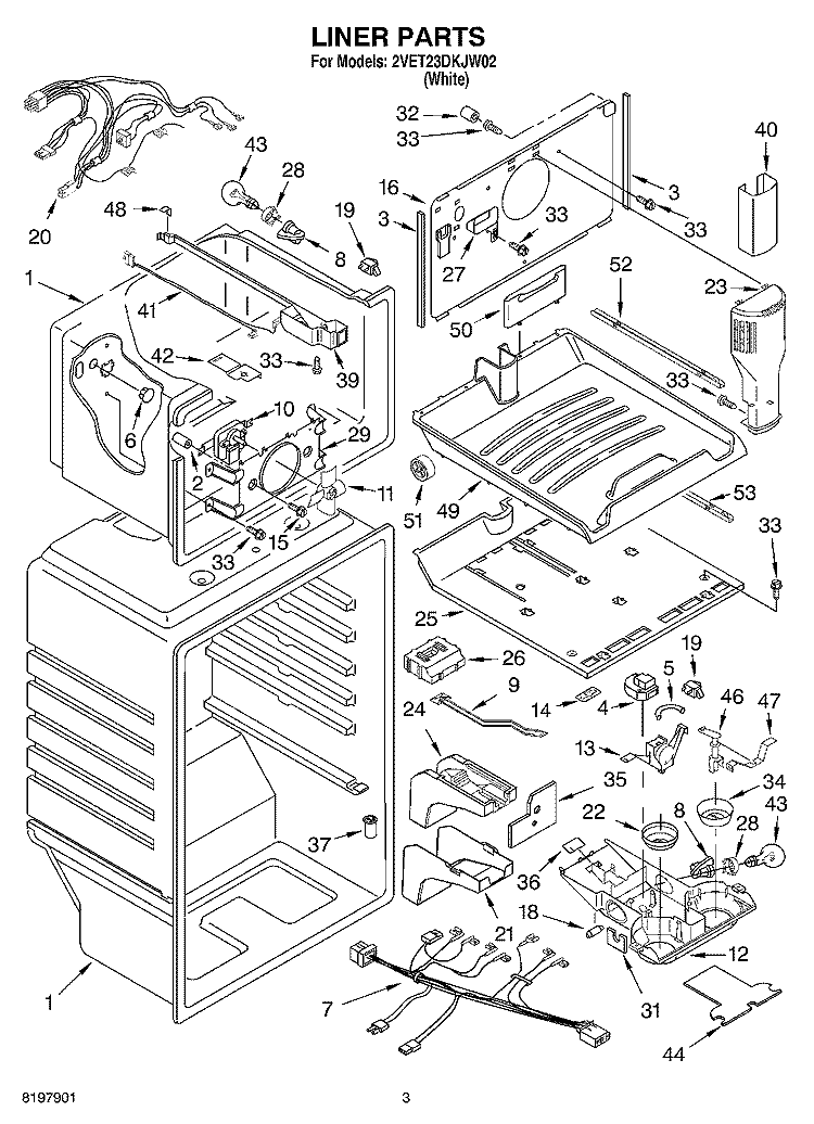 LINER Diagram and Parts List for 2VET23DKJW02  Whirlpool Refrigerator