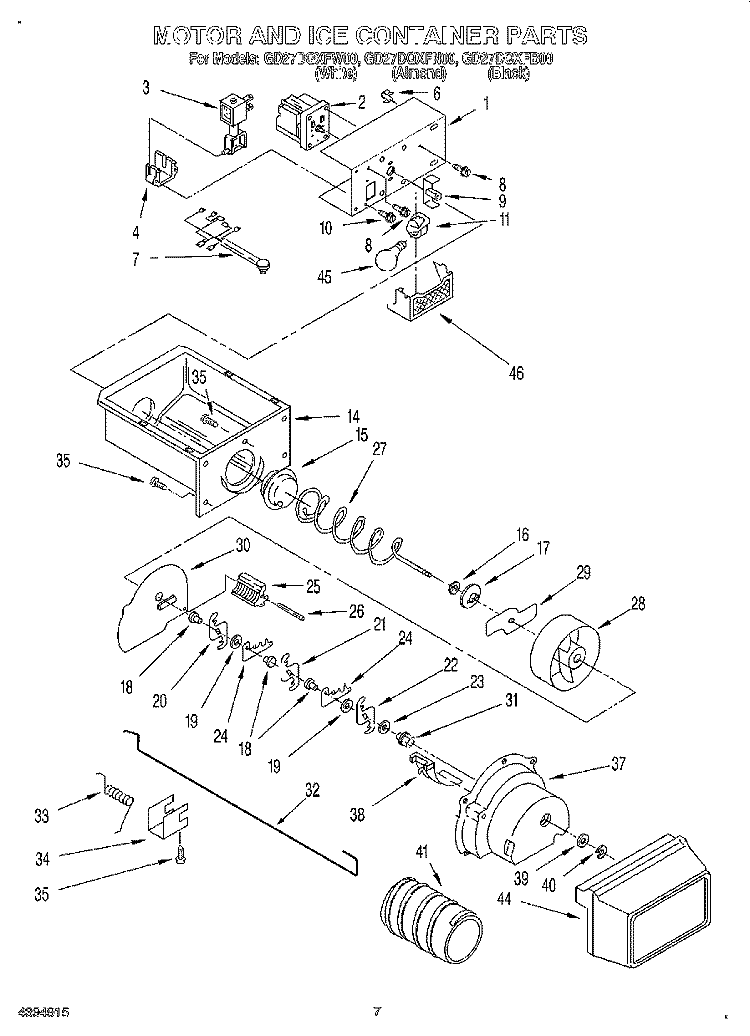 MOTOR AND ICE CONTAINER Diagram and Parts List for GD27DQXFW00  Whirlpool Refrigerator