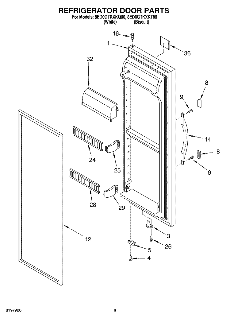 REFRIGERATOR DOOR Diagram and Parts List for 8ED0GTKXKT00  Whirlpool Refrigerator