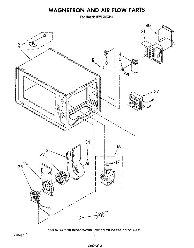 MAGNETRON AND AIR FLOW Diagram and Parts List for MW1500XP1  Whirlpool Microwave