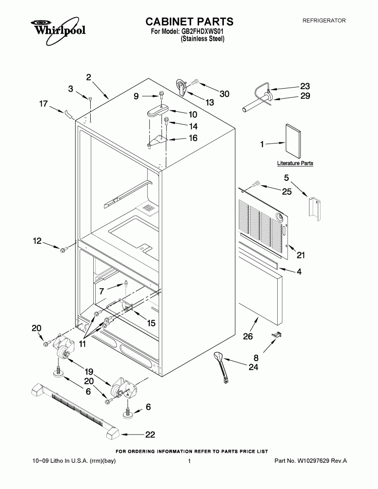 CABINET PARTS Diagram and Parts List for GB2FHDXWS01  Whirlpool Refrigerator