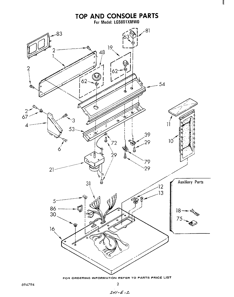 TOP AND CONSOLE , LITERATURE AND OPTIONAL Diagram and Parts List for LG5601XMW0  Whirlpool Dryer