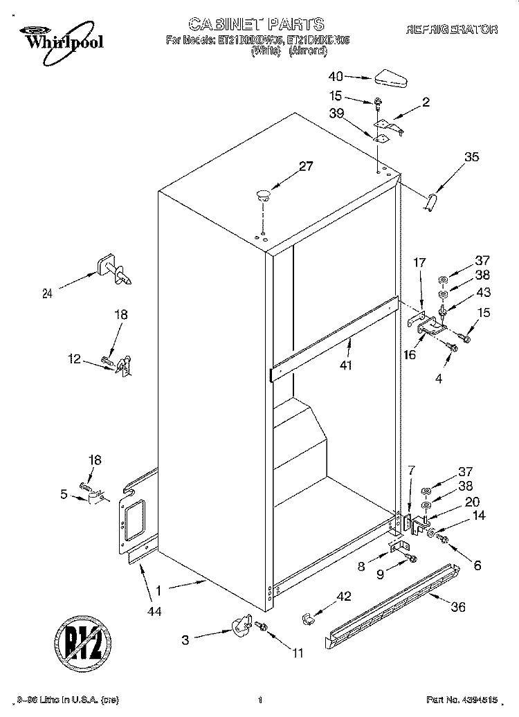 CABINET Diagram and Parts List for ET21DMXDW05  Whirlpool Refrigerator