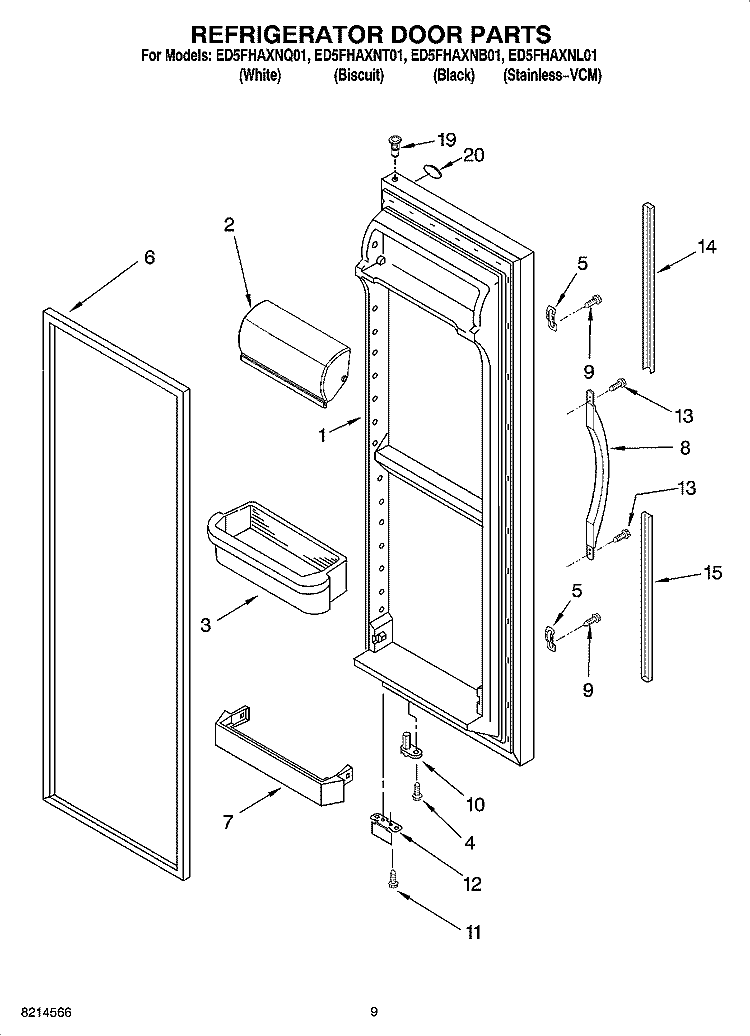 REFRIGERATOR DOOR PARTS Diagram and Parts List for ED5FHAXNT01  Whirlpool Refrigerator
