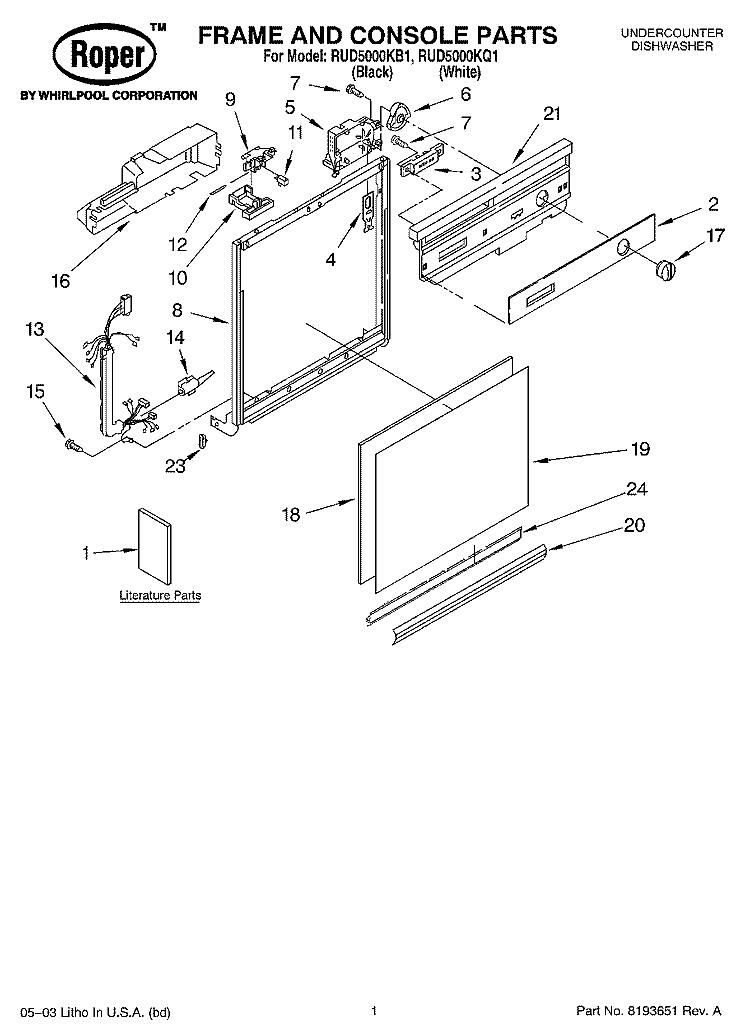 FRAME AND CONSOLE PARTS Diagram and Parts List for RUD5000KQ1  Roper Dishwasher