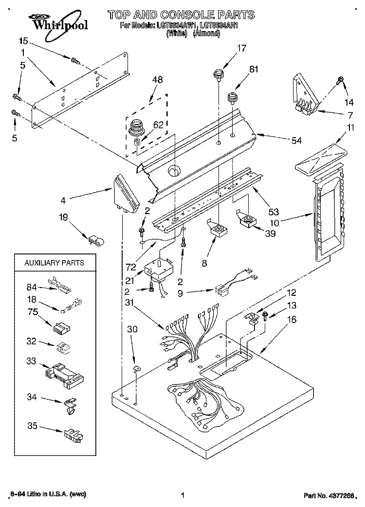 TOP AND CONSOLE, LIT/OPTIONAL Diagram and Parts List for LGT6634AN1  Whirlpool Dryer