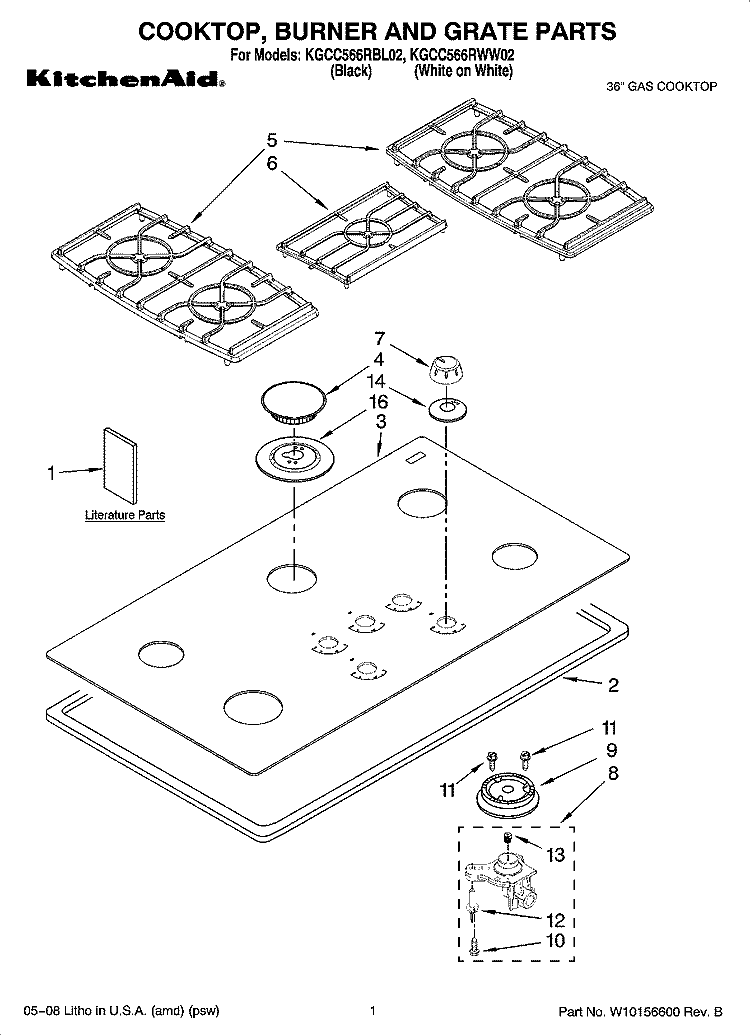 COOKTOP, BURNER AND GRATE PARTS Diagram and Parts List for KGCC566RBL02  KitchenAid Cooktop